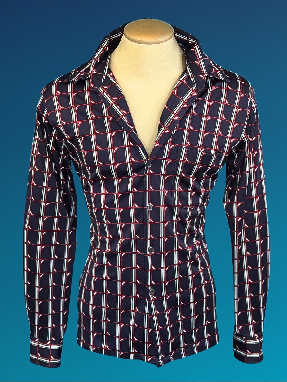 1970s Men’s Navy Geometric Retro Disco Shirt | L